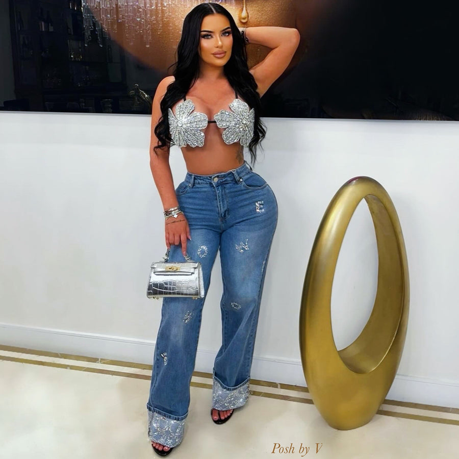 Bijou crystal cuff jeans (Blue/silver)