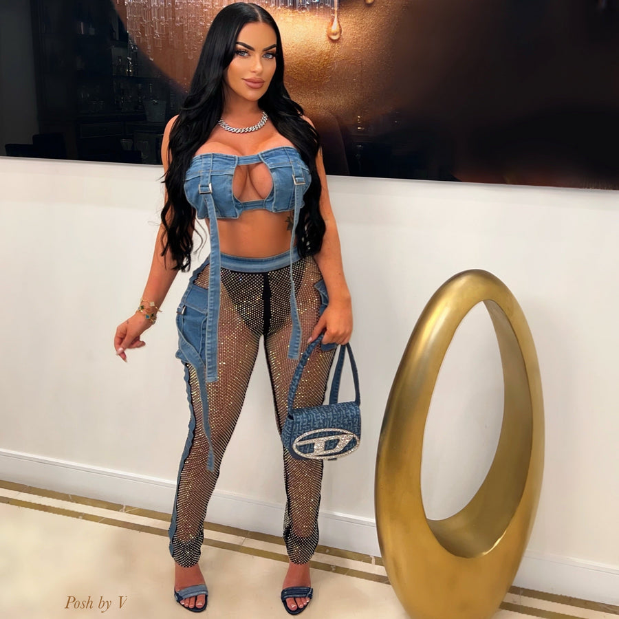 Aveli crystal denim pants set (Blue/black)