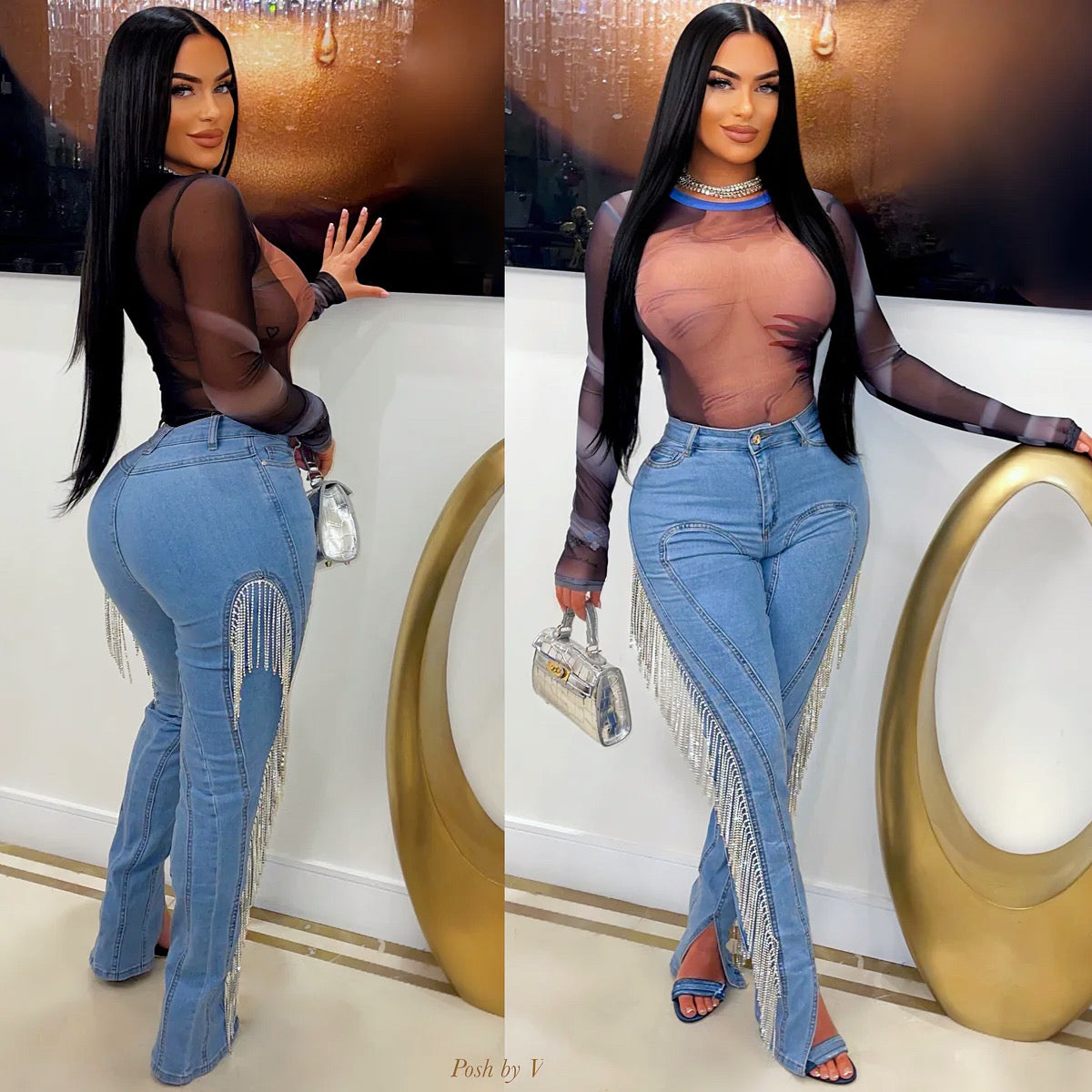 Milan crystal fringe jeans (Blue/silver)