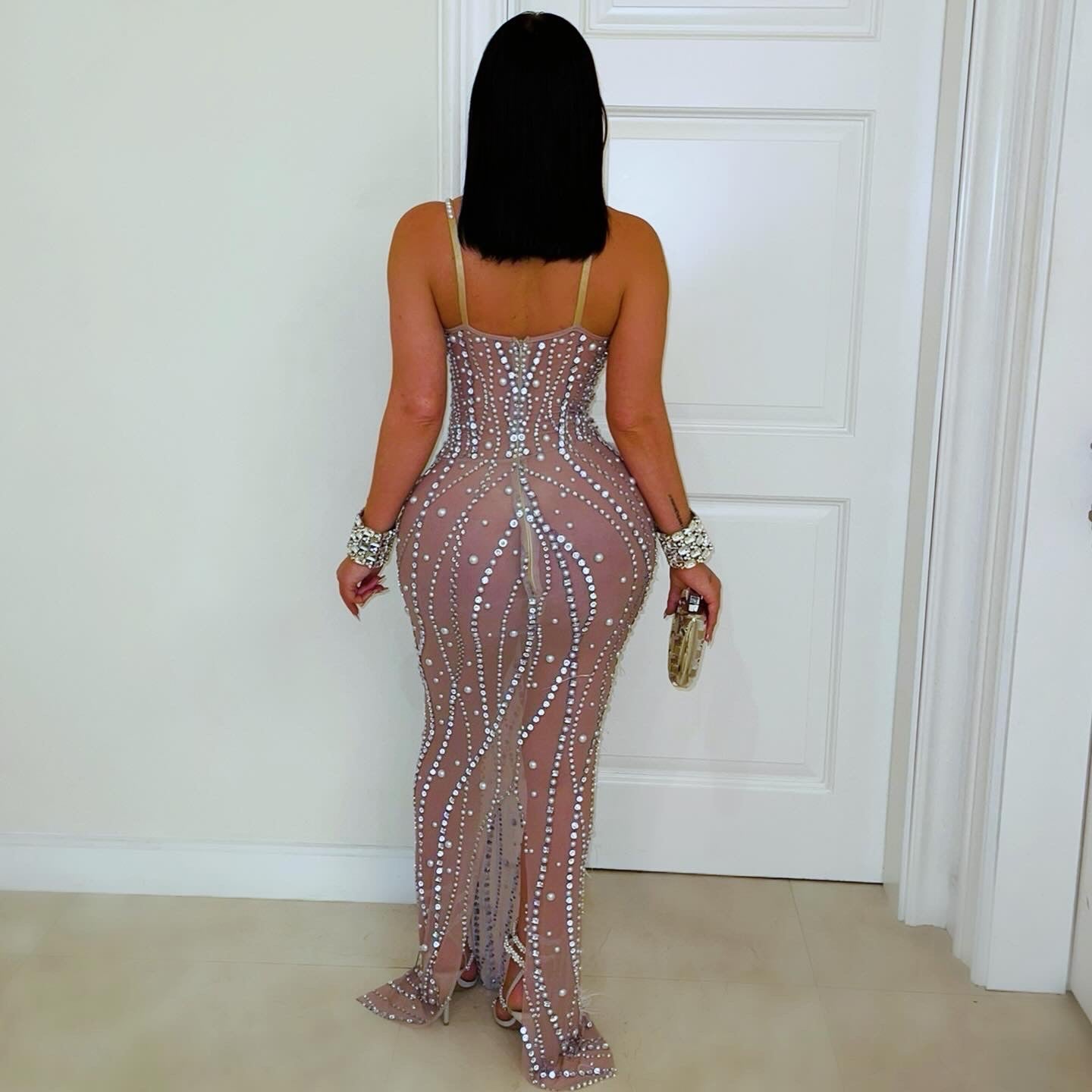 Bella feather crystal gown (Nude/white)