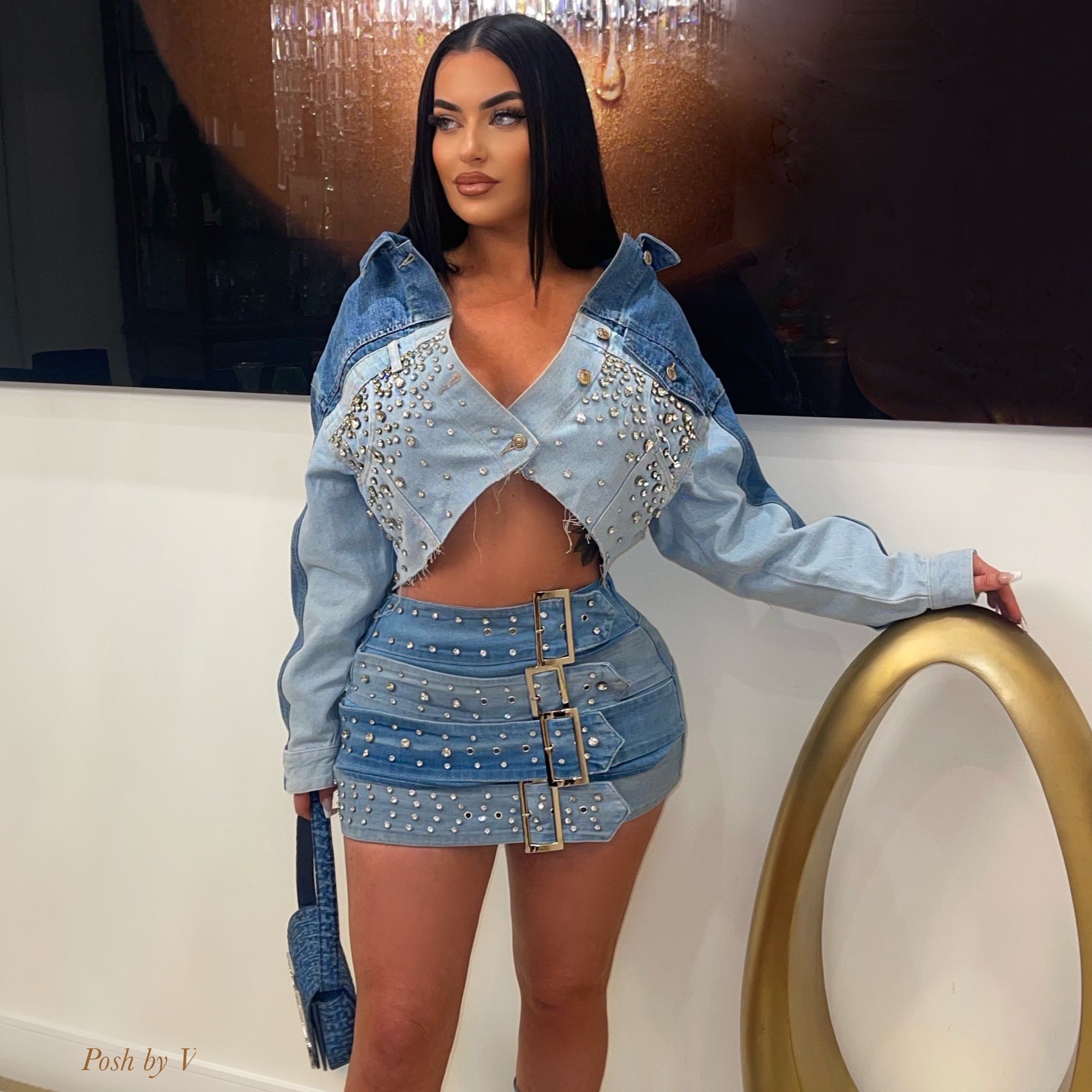 Amoy crystal two-tone denim jacket