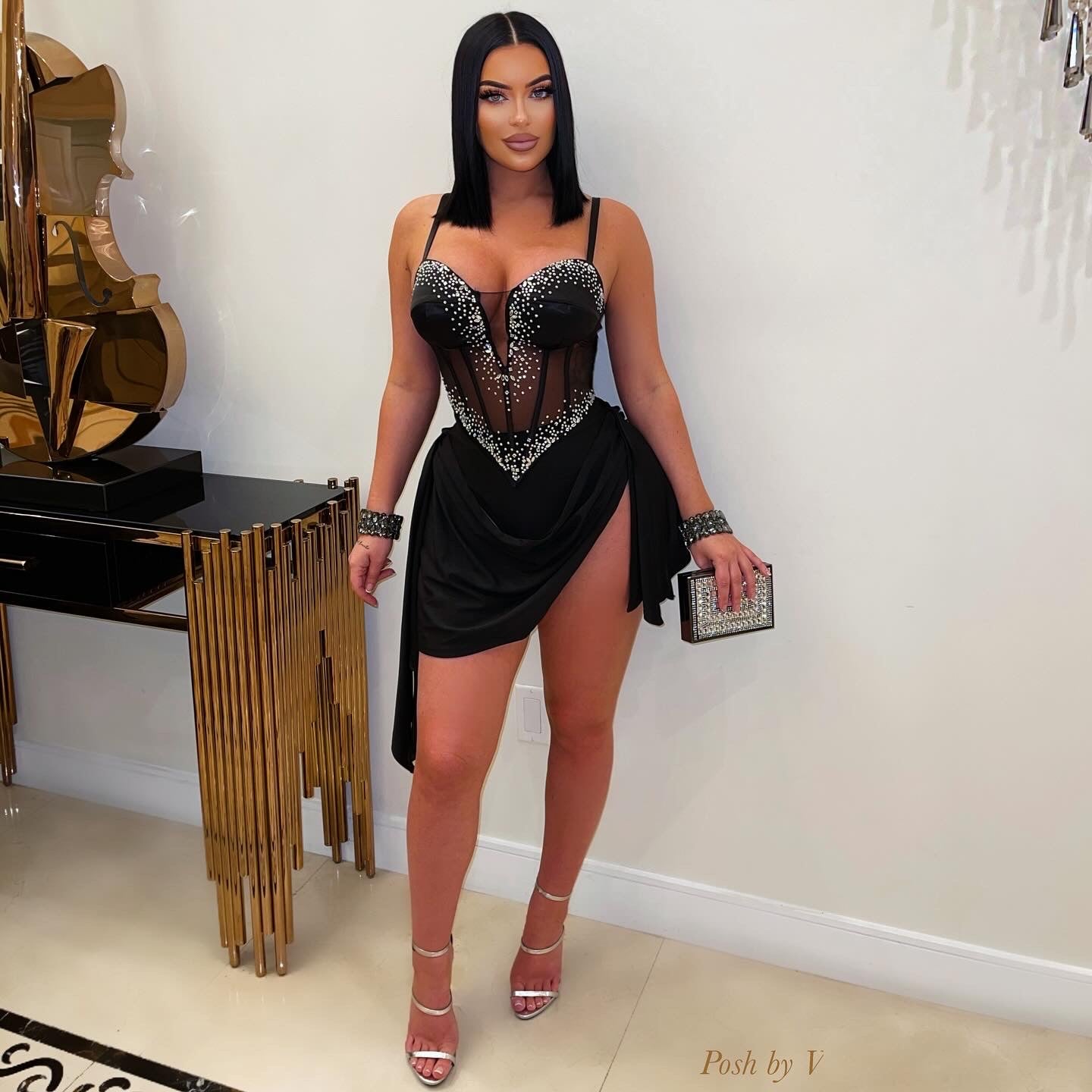 Solara crystal glam skirt set (Black/silver)