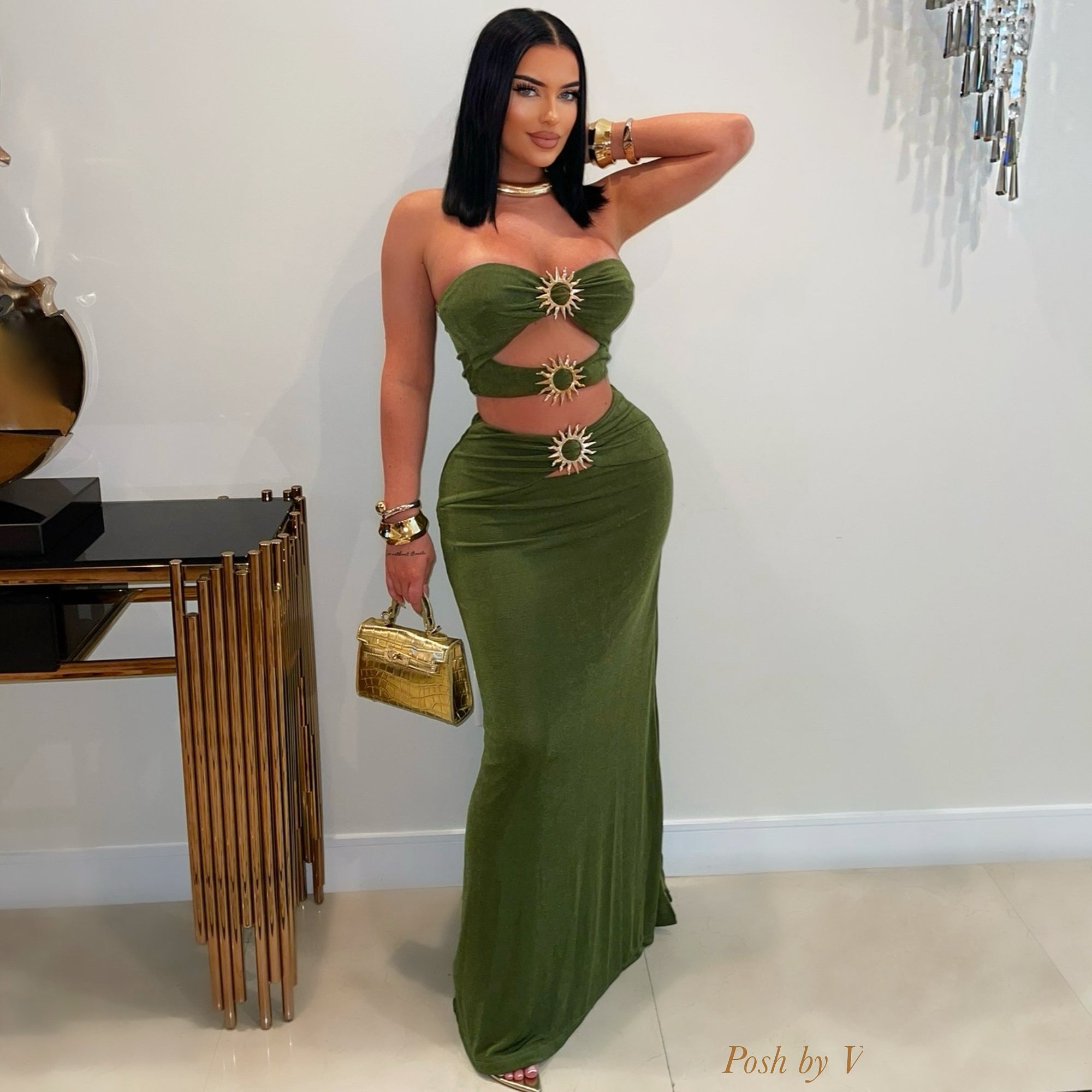 Viv maxi skirt set (Green/gold)