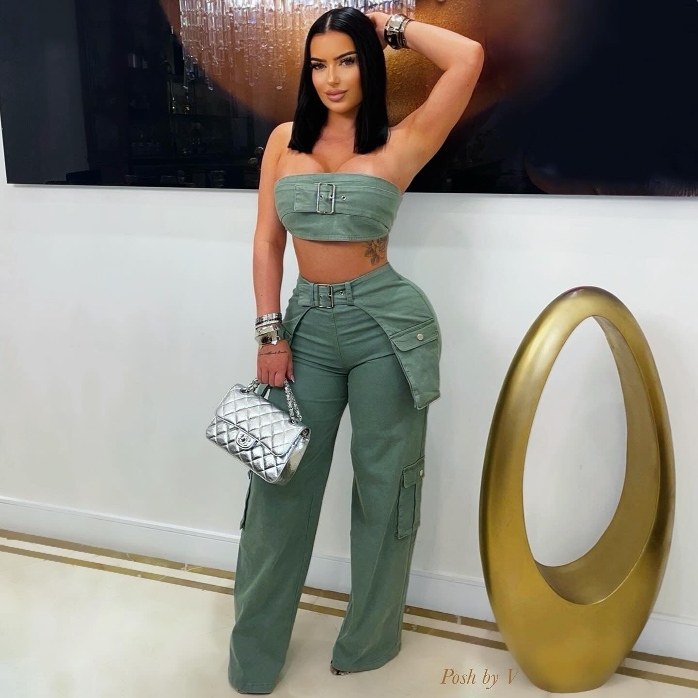 Melija belted cargo pants set (Sage)