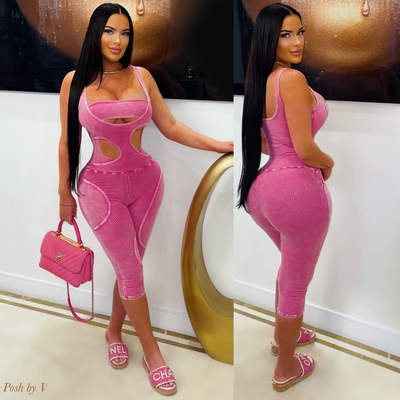 Demi cut out ribbed romper (Pink)