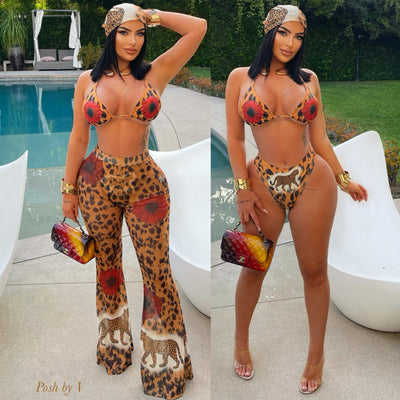 Wild flower 4pcs bikini pants set (Brown/red)