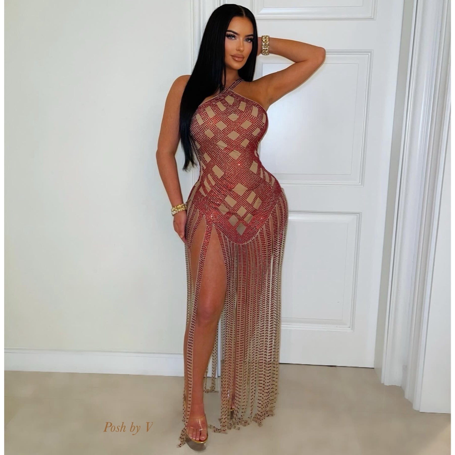 Sorala crystal fringe dress (Red/nude)