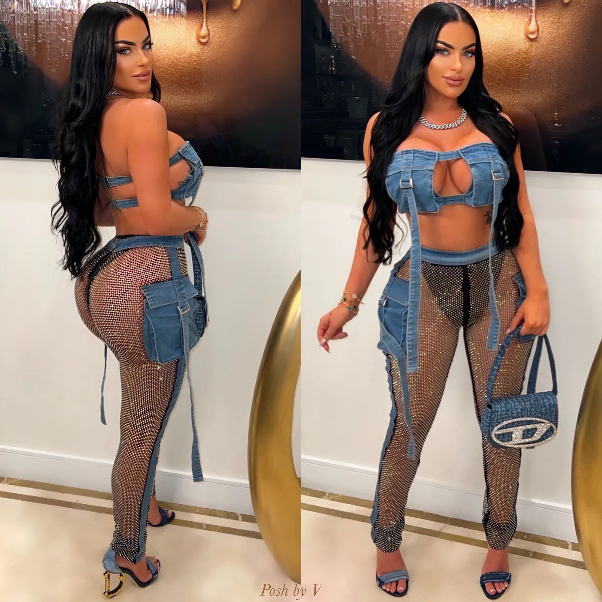 Aveli crystal denim pants set (Blue/black)