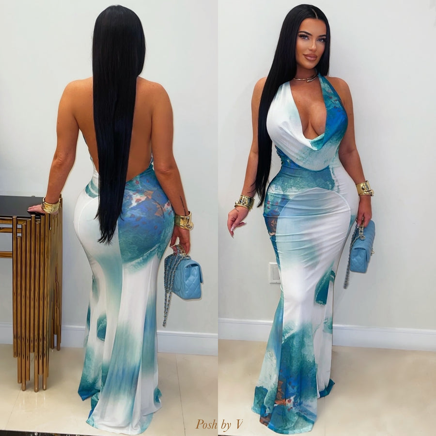 Paloma maxi dress (Aqua/ivory)