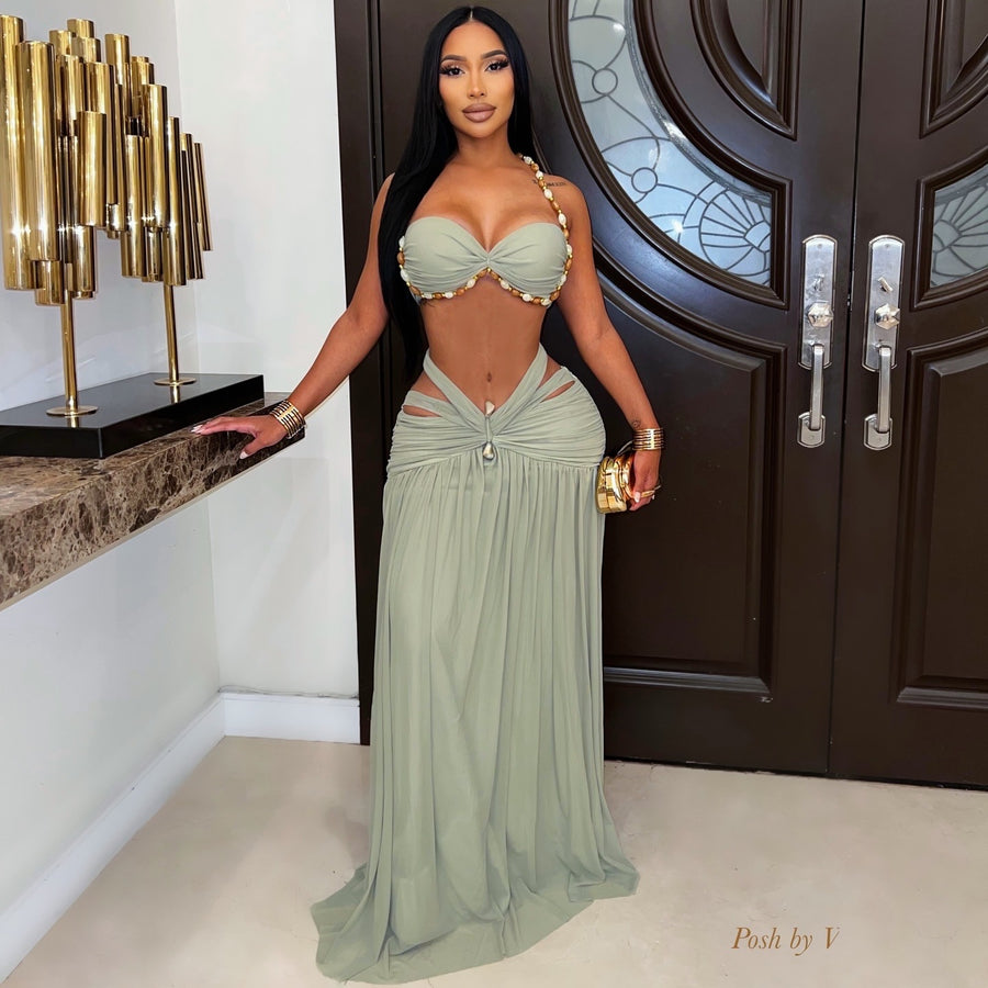 Soirée beaded maxi skirt set (Sage)