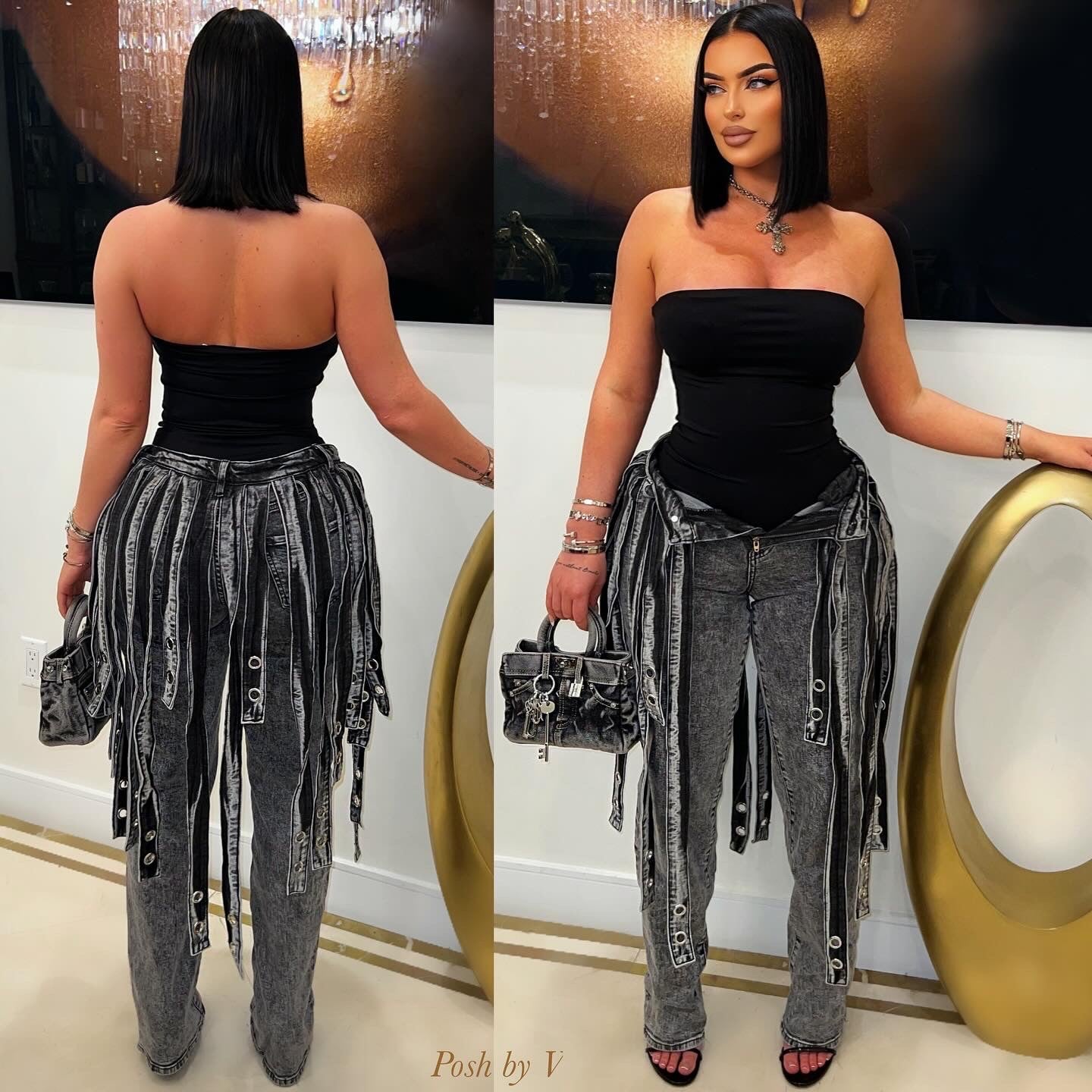 Evvi strapped tassel jeans (Black wash)