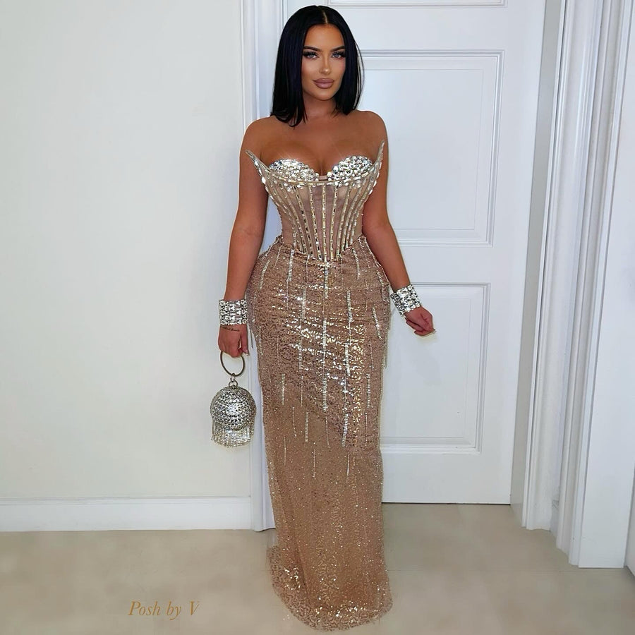 Mique corset crystal glam dress (Rose gold)