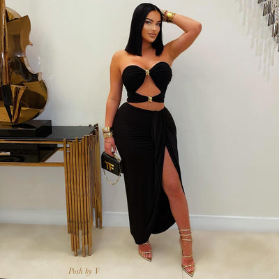 black top gold skirt dress Gold Metallic Corset Top and Black Satin Skirt Two Piece Dress Black & Gold / 10