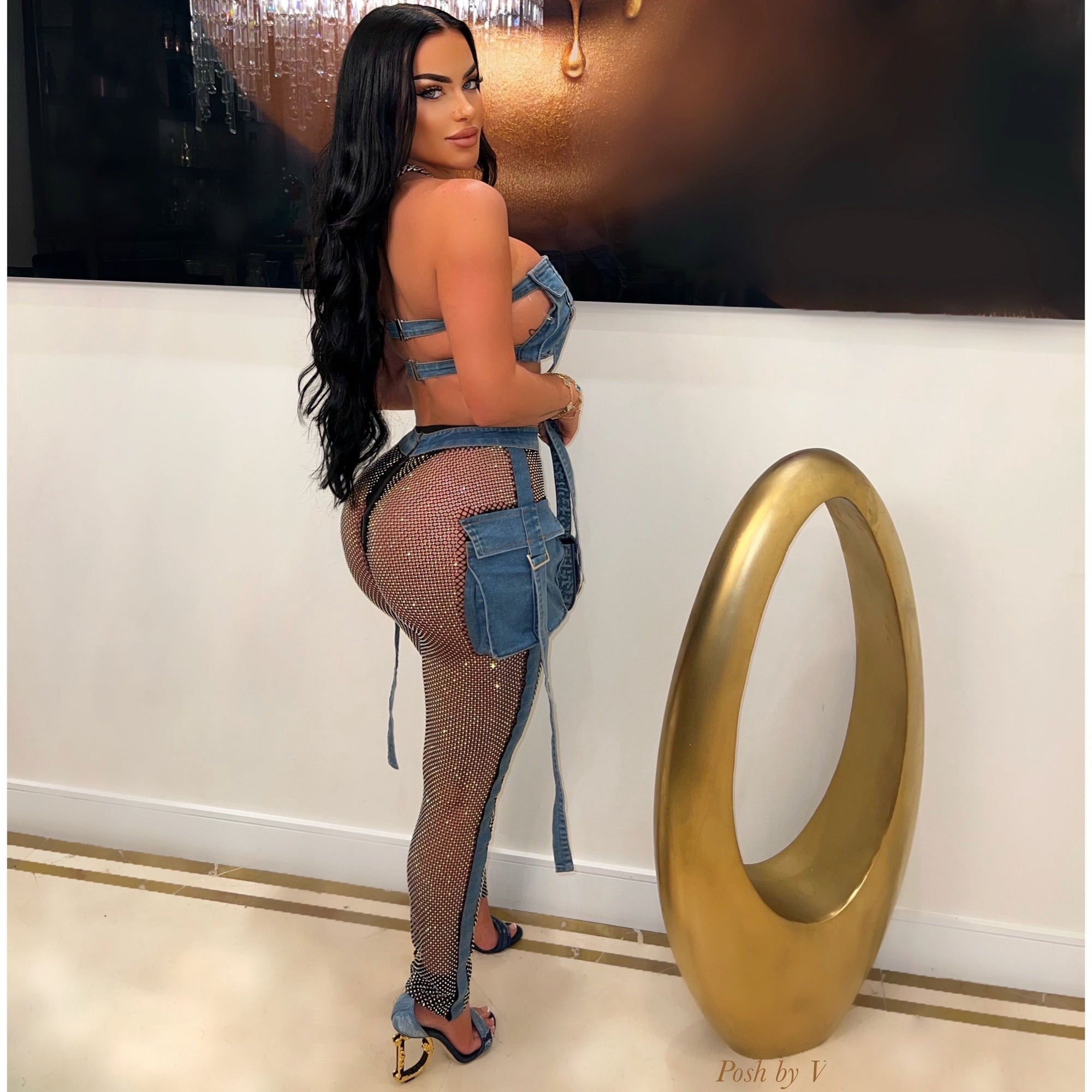 Aveli crystal denim pants set (Blue/black)