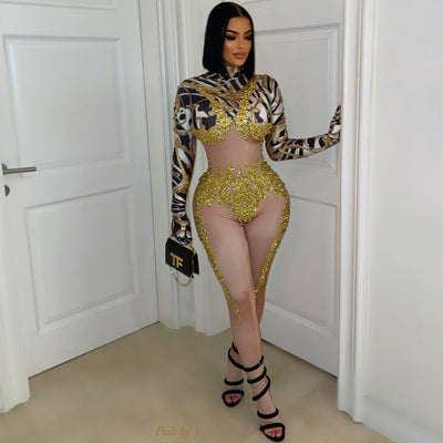 Yazz crystal zebra jumpsuit (Nude/gold)