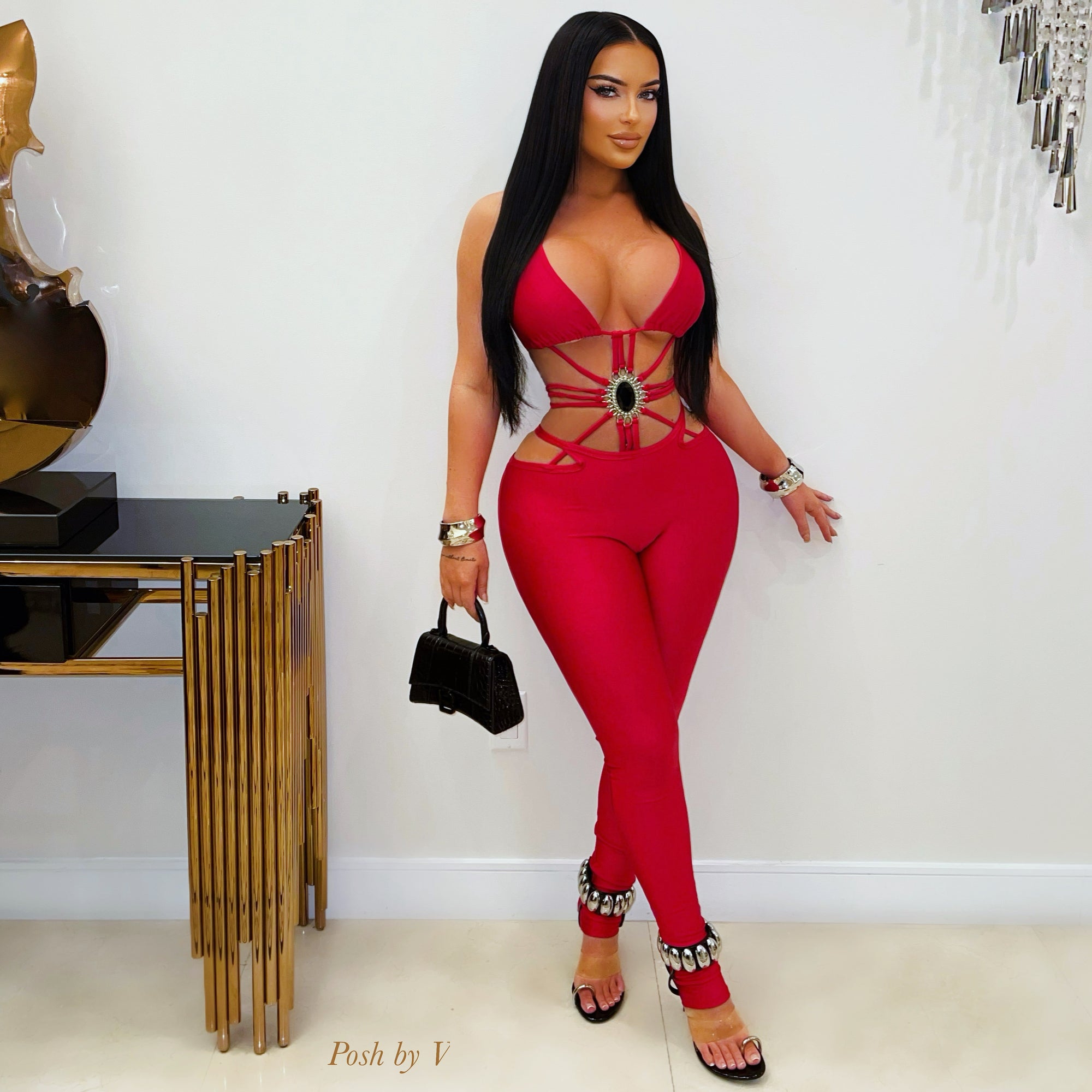 Mell caged jumpsuit (Red/silver)