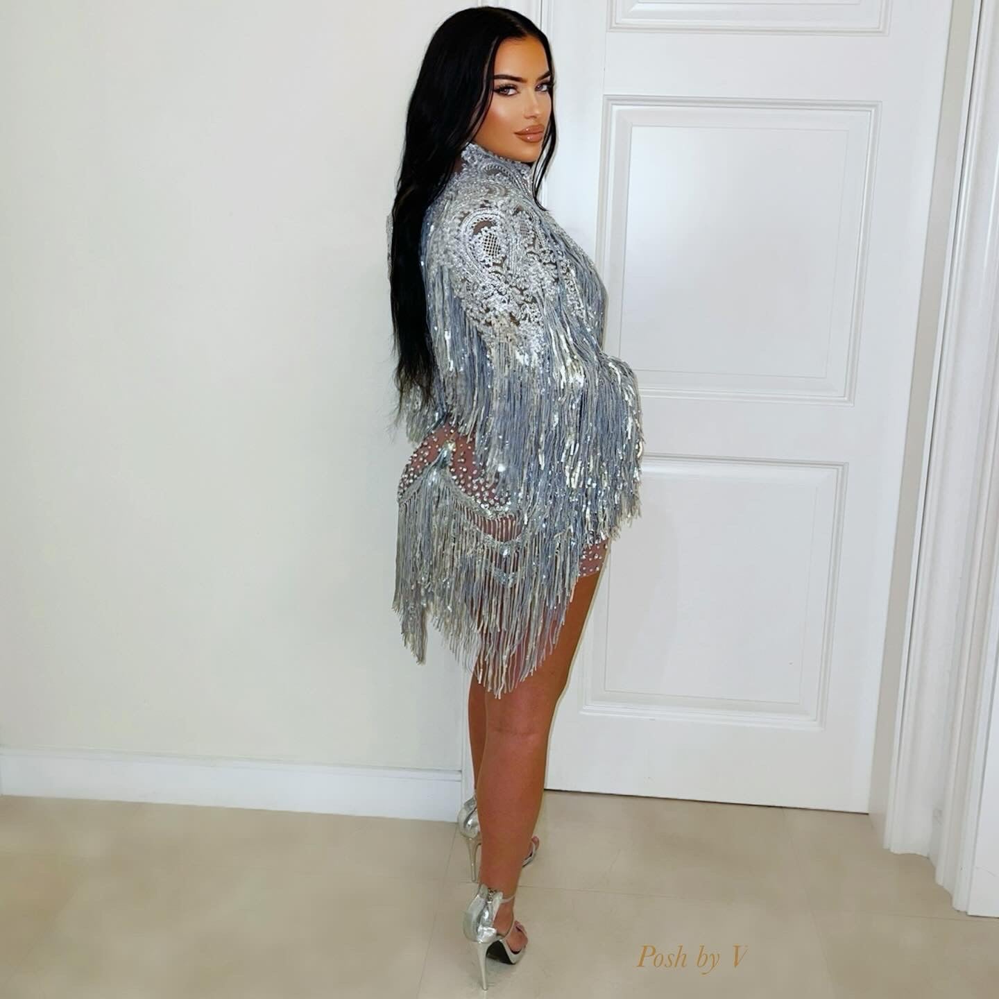 Gala crystal fringe dress/jacket set (Nude/silver)