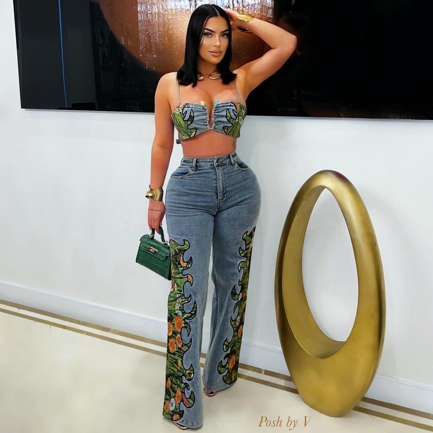 Zen denim pants set (Blue/green)