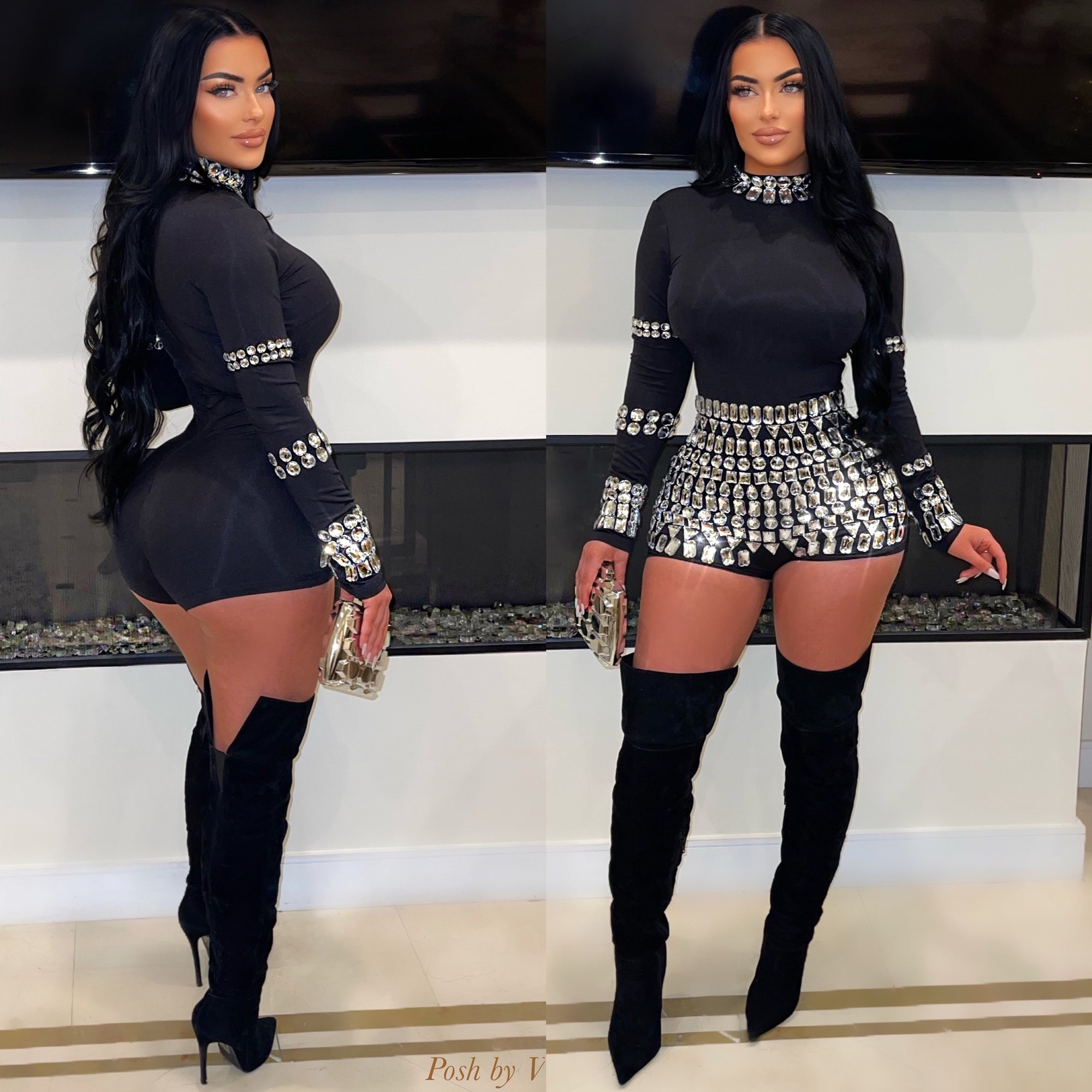 Paris crystal romper (Black/gold)