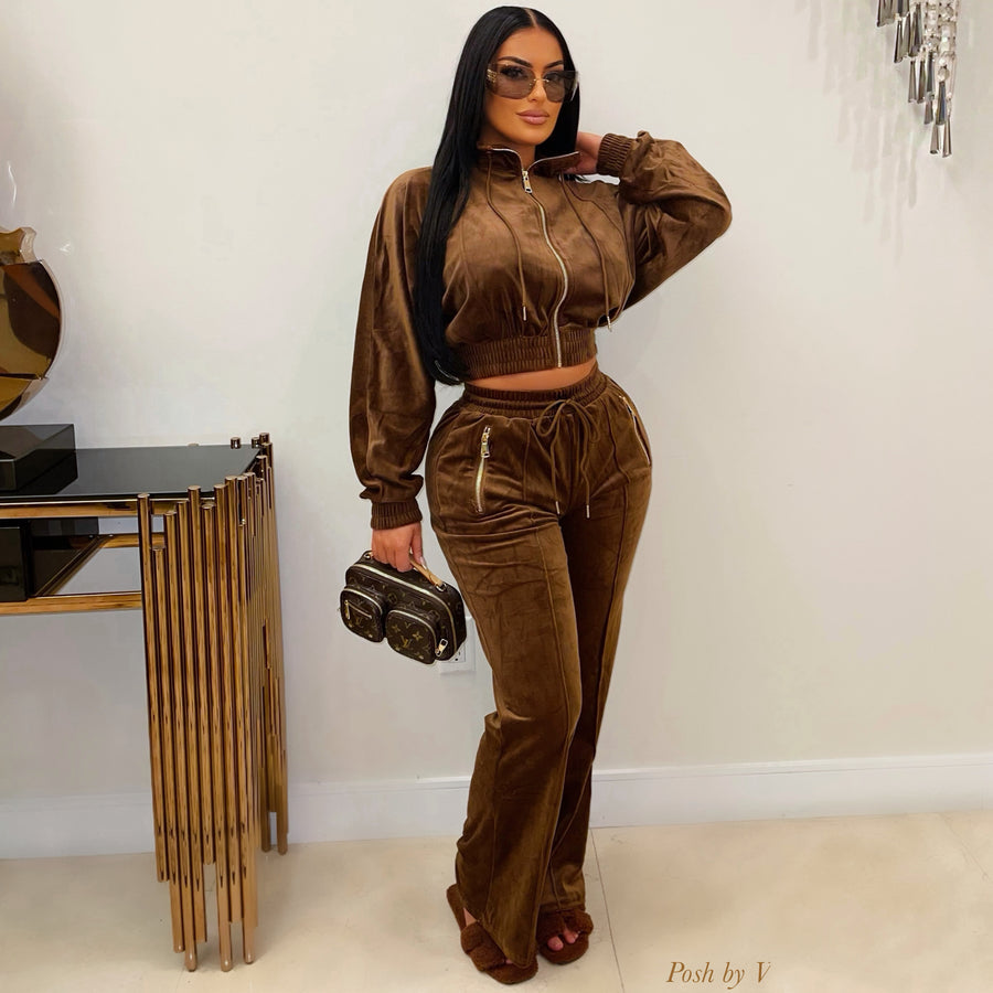 Elia velvet lounge pants set (Brown)