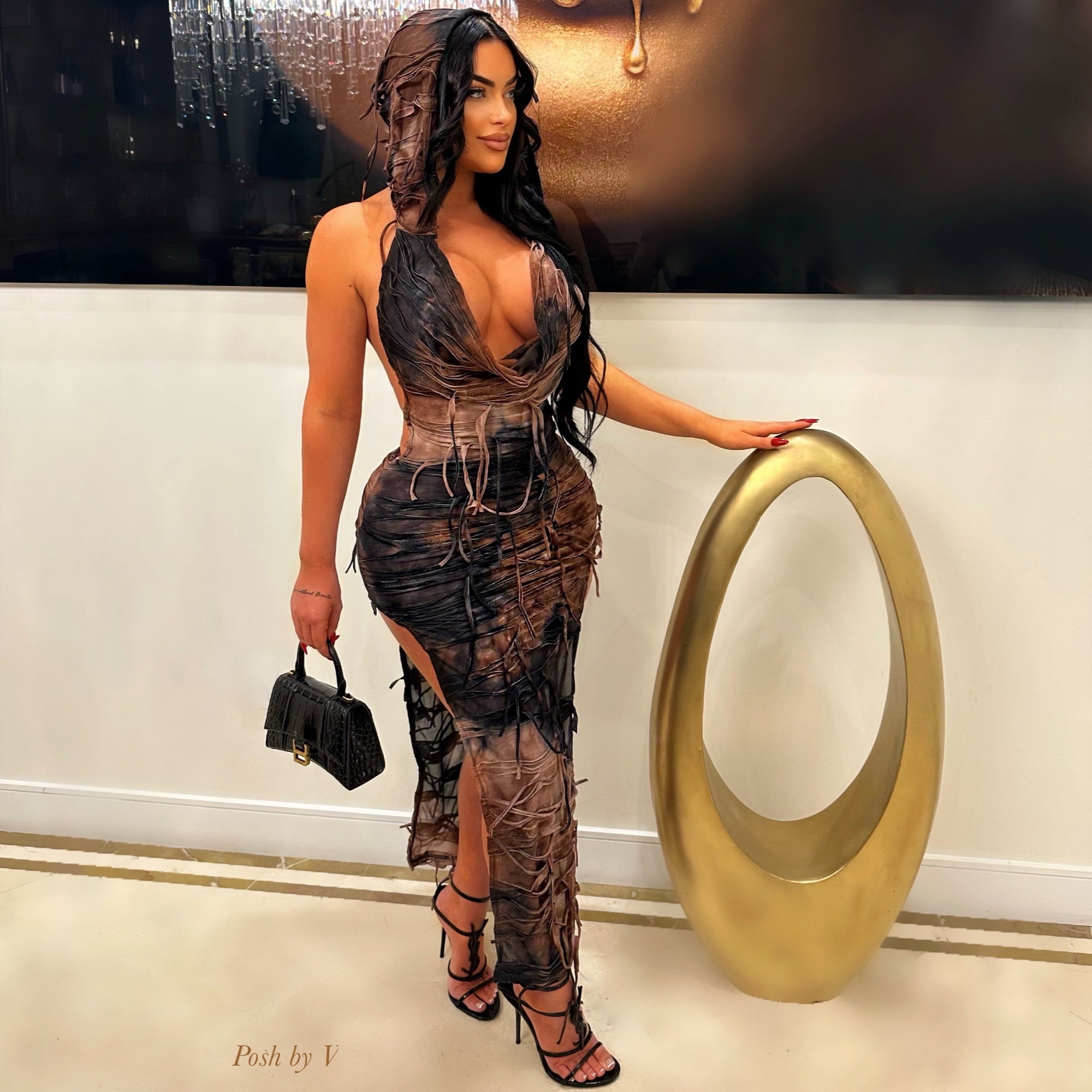 Edge slit dress (Brown/black)