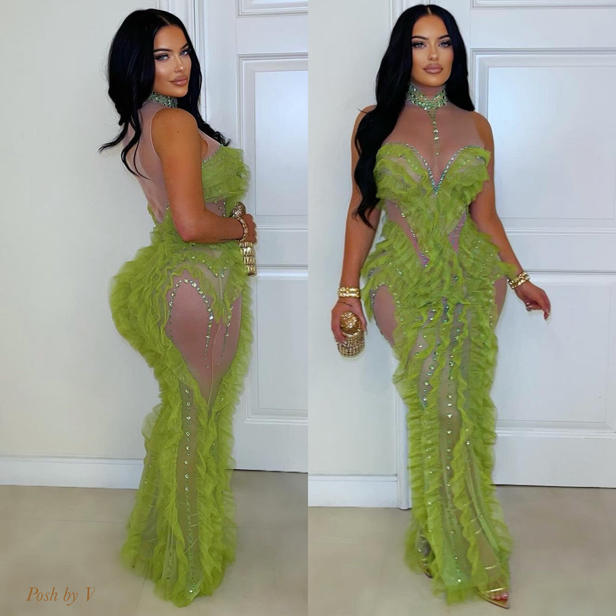 Elizabeth glam dress (Lime/nude)