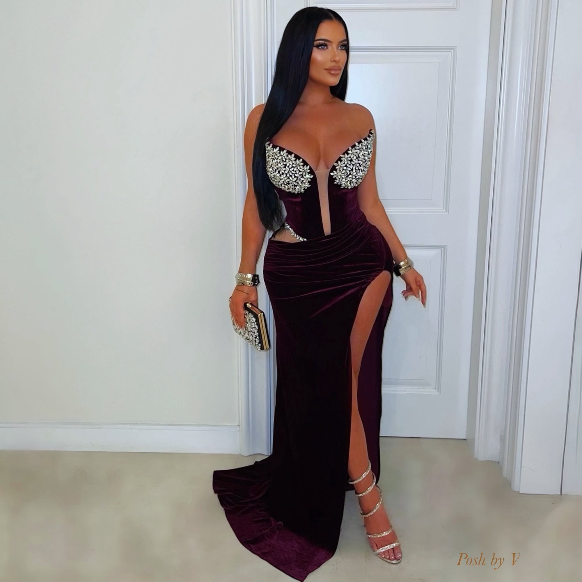 Heidi velvet crystal dress (Purple/silver)