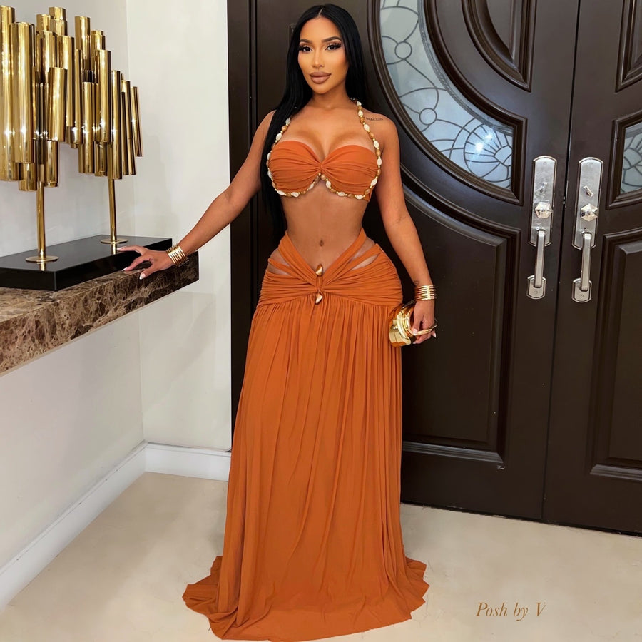 Soirée beaded maxi skirt set (Rust)