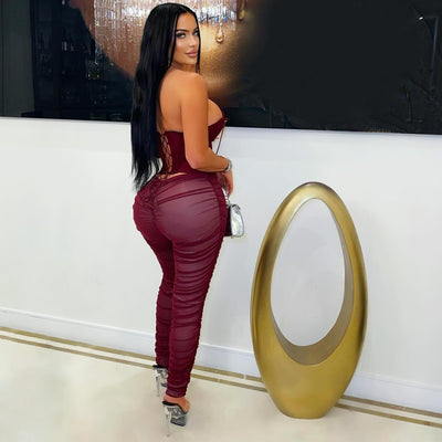 Misty corset ruched leggings set (Burgundy)