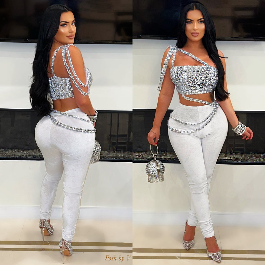 Jalei crystal pants set (White/silver)