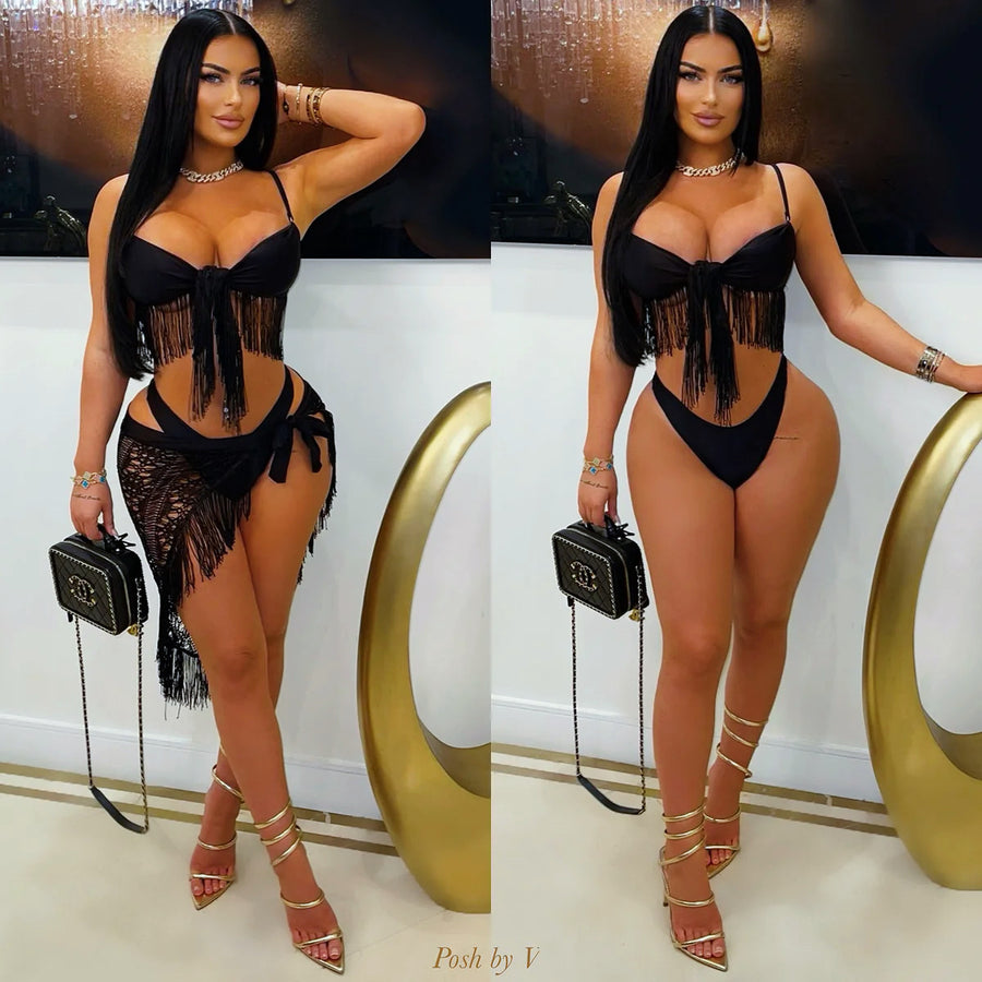 Cabo fringe bikini set w/wrap (Black)