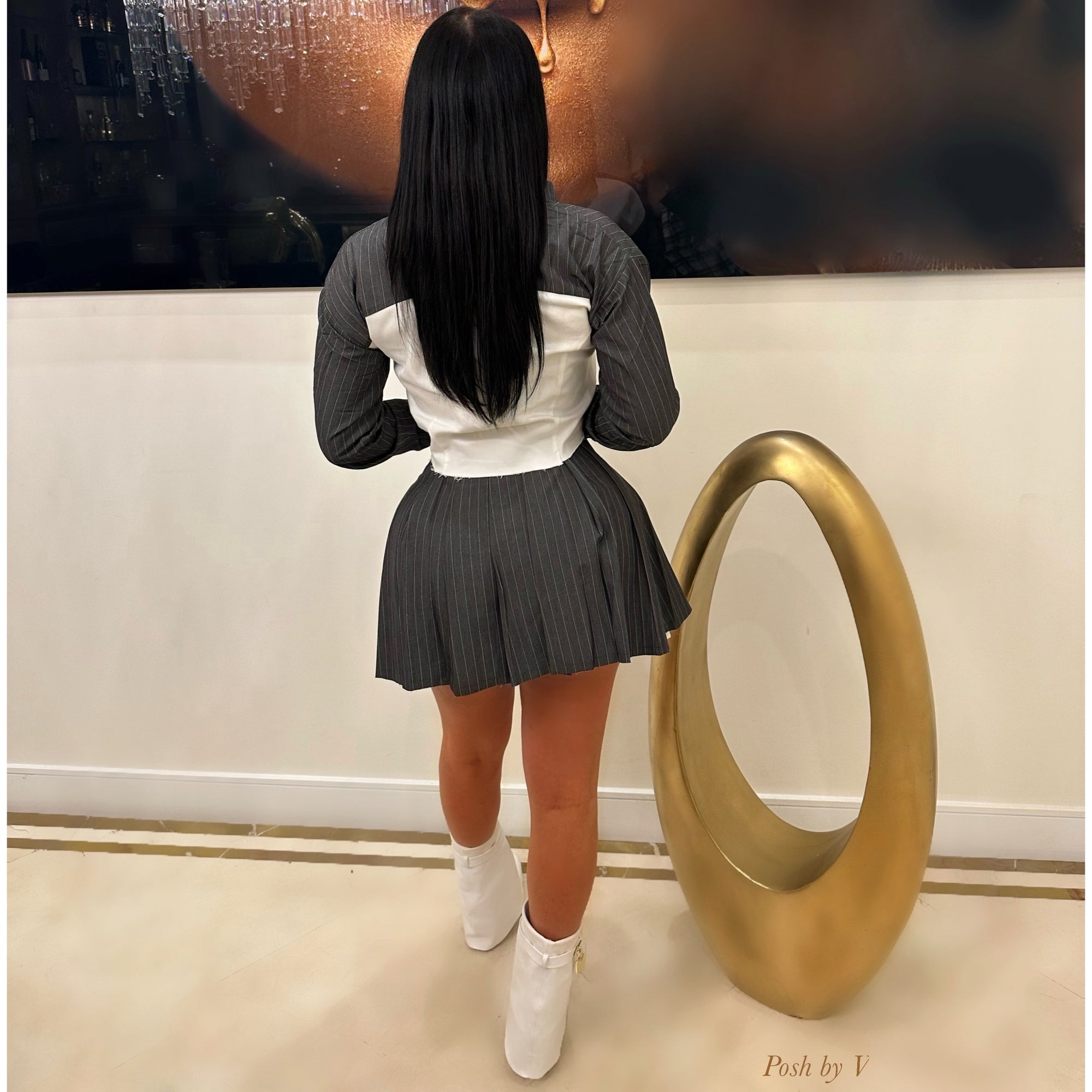 Doll pleated skirt set (White/grey)