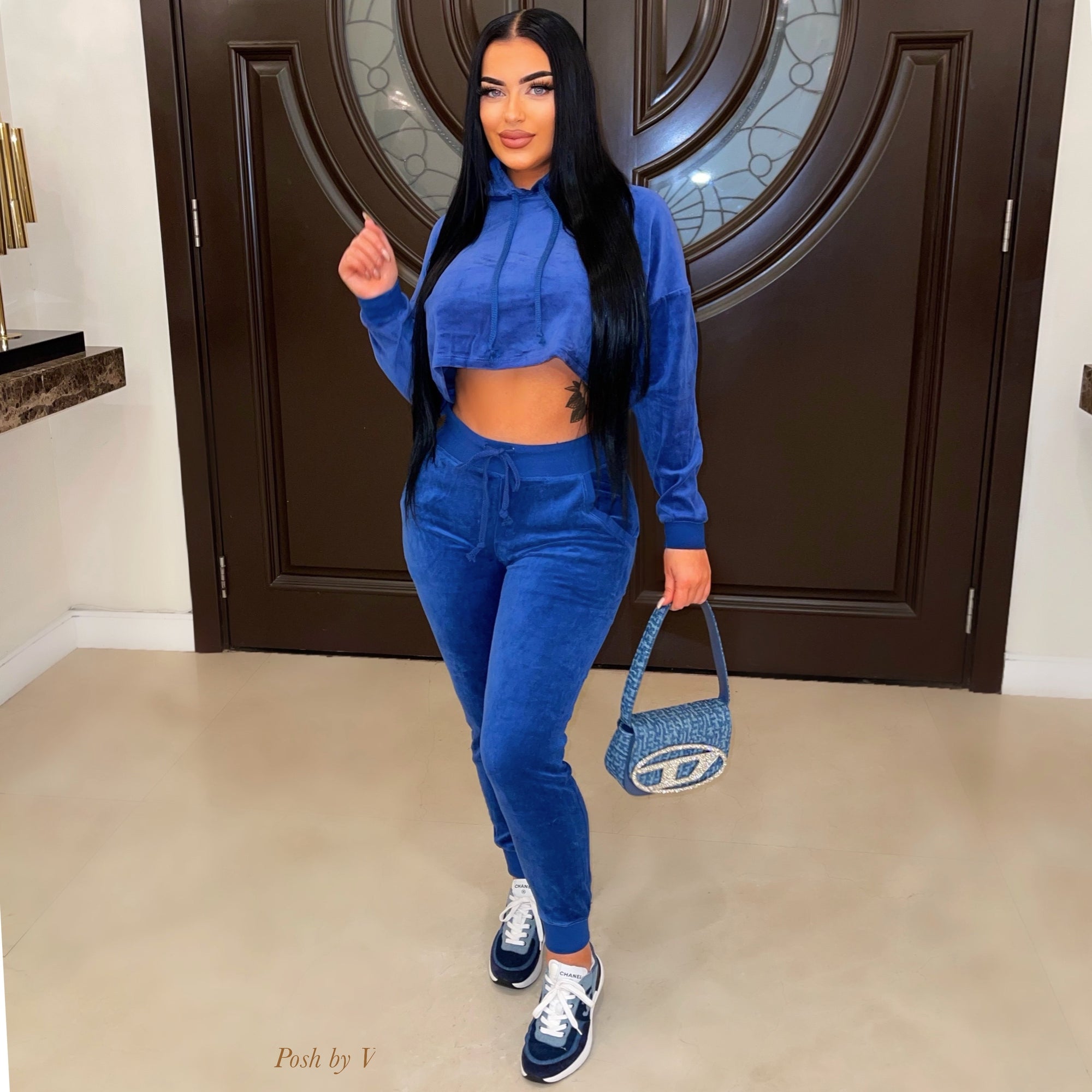 Blue velvet jogger discount set