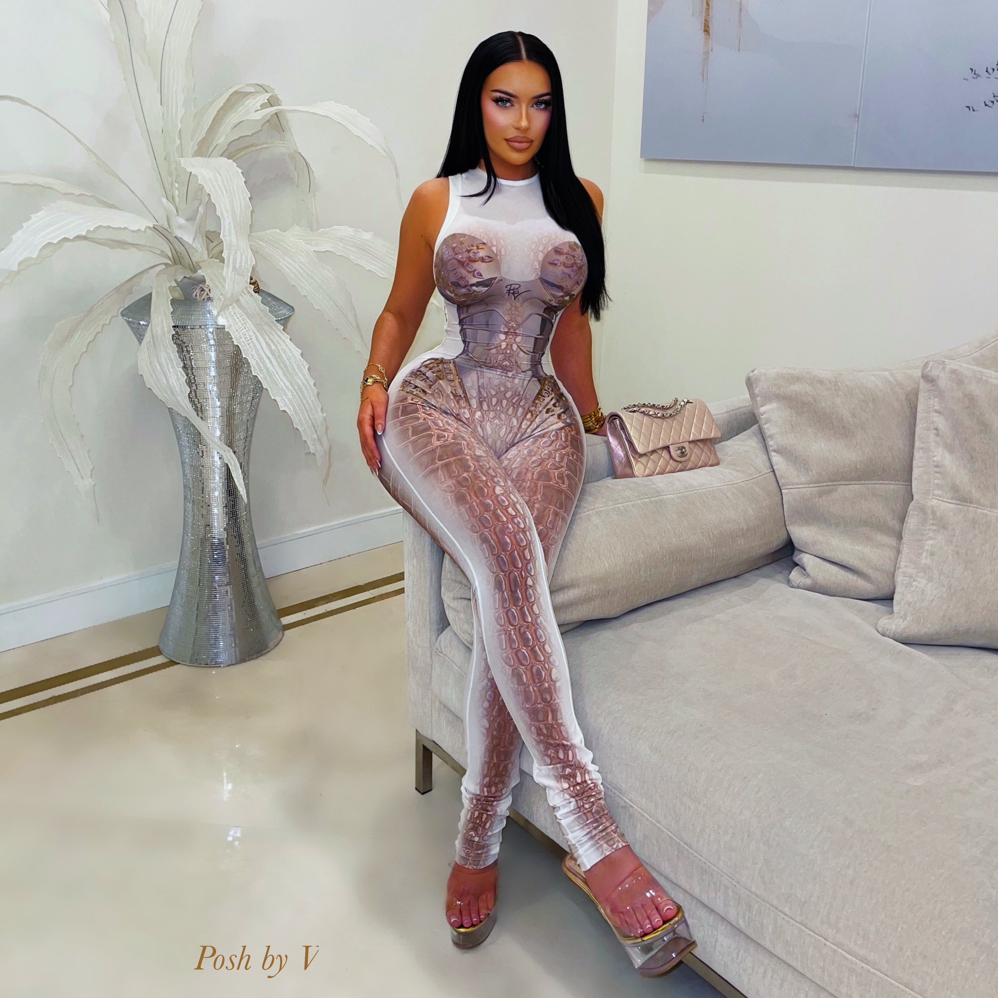 Posh croc body jumpsuit (White/brown)