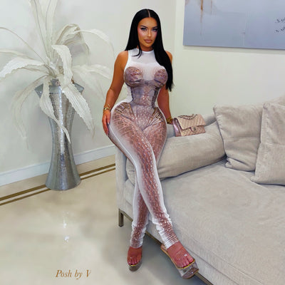 Posh croc body jumpsuit (White/brown)