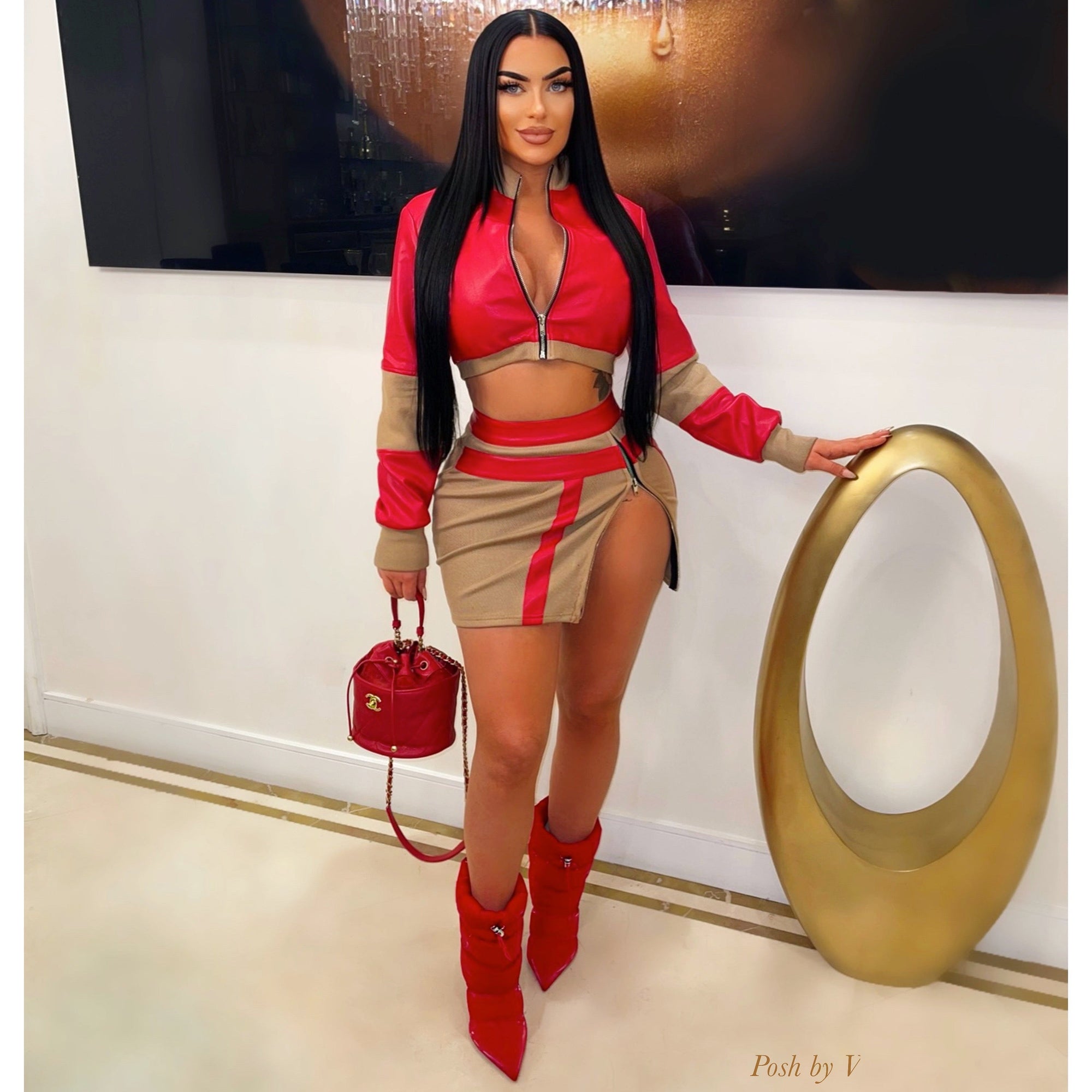 Luesa bomber skirt set (Red/nude)