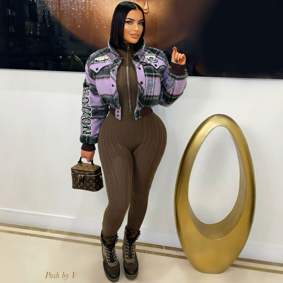 Fly fur plaid varsity jacket (Lilac/green)