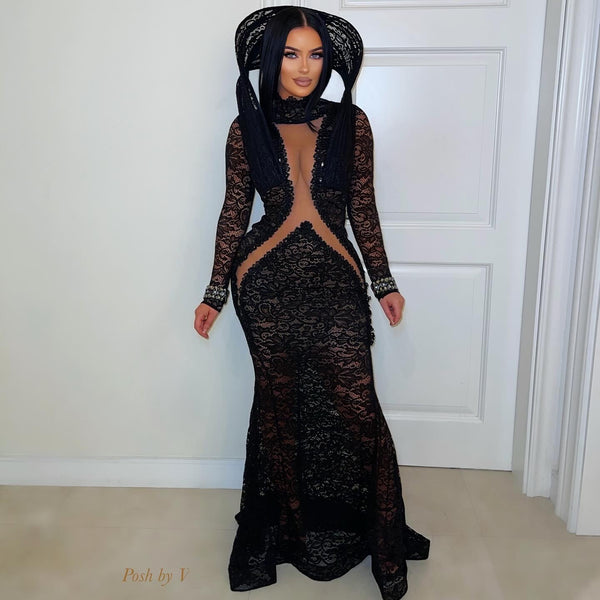 Imperial lace dress w/headpiece (Black) - Posh By V