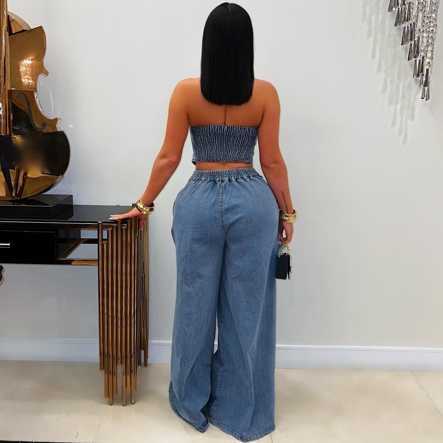 Zeffe denim pants set (Blue/gold)