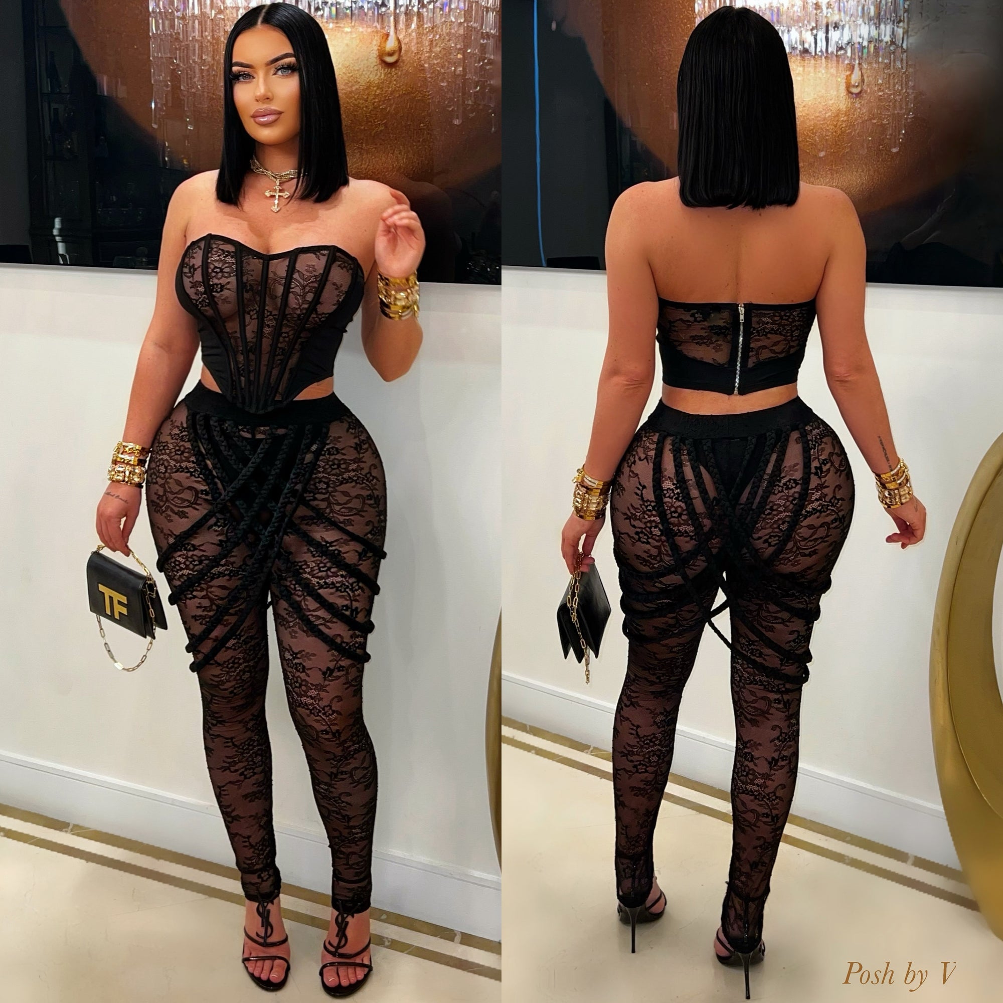 Celine corset lace pants set (Black)