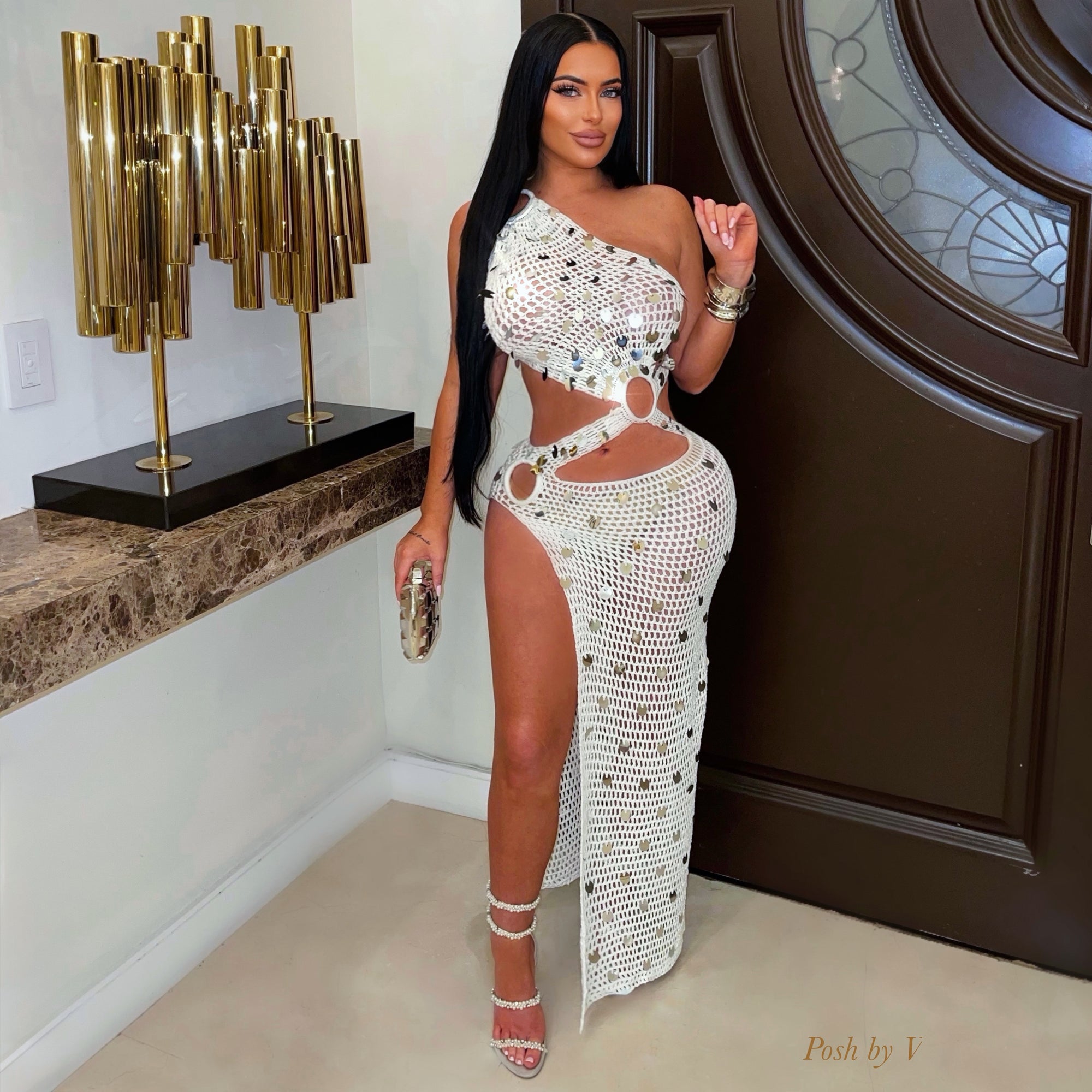 silver crochet dress Zahara Metallic Maxi in Off White it offers a comfortable regular fit while exuding a chic shine A hand-embellished maxi dress with