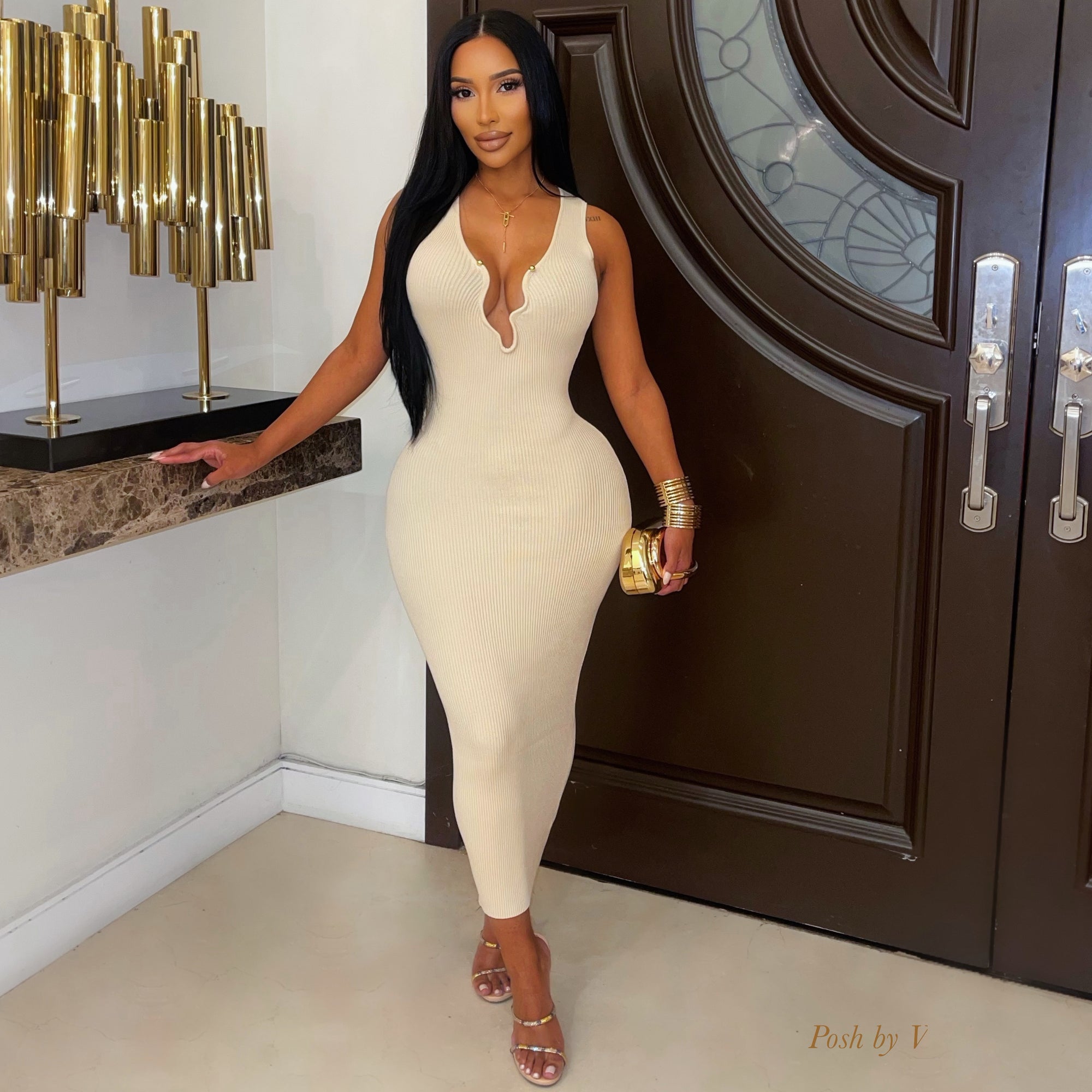 Saniya rib maxi dress (Beige/gold)