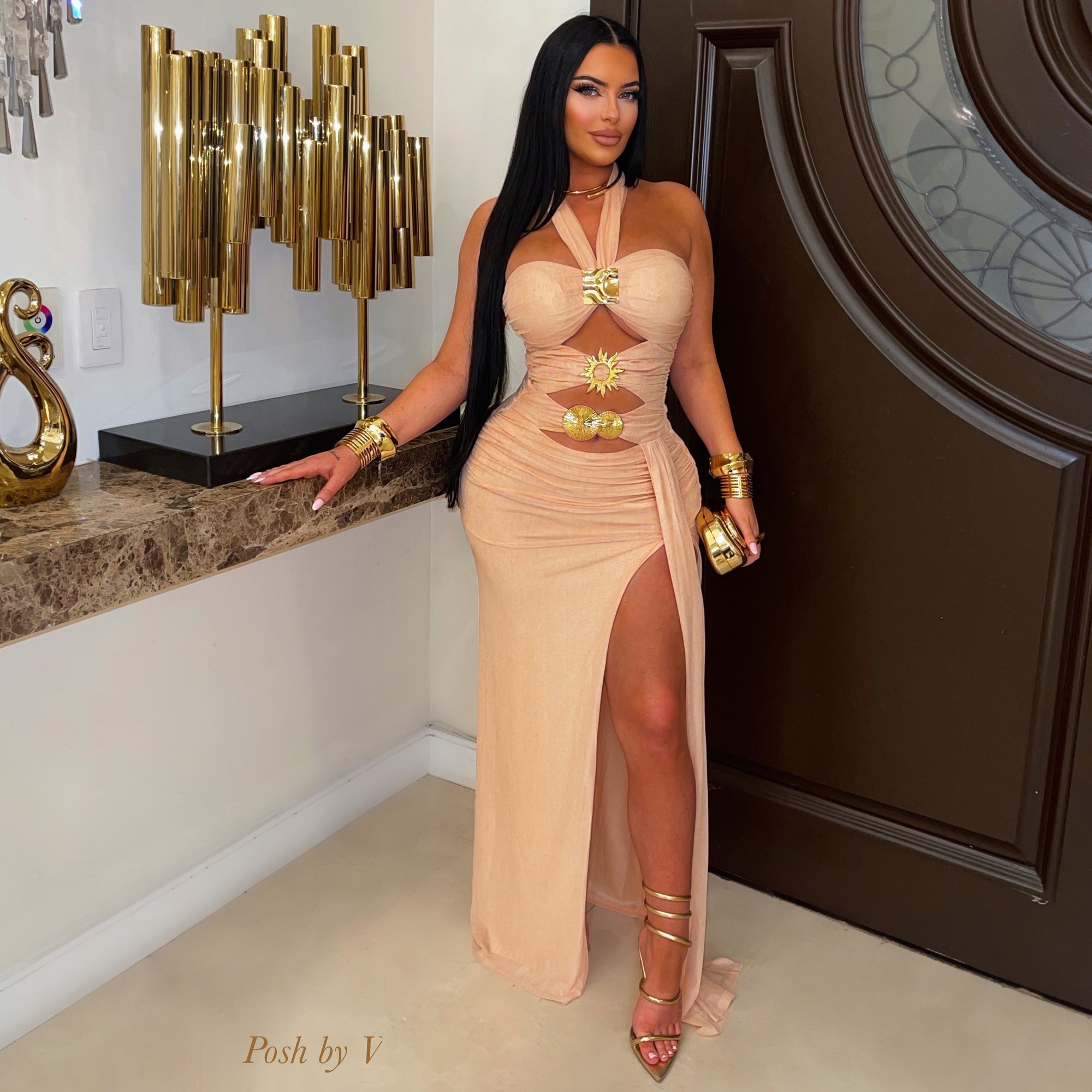 Jade glam maxi dress (Peach/gold)