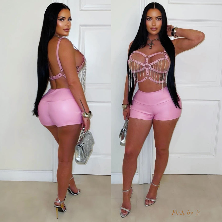 Doll chain caged shorts set (Pink/silver)