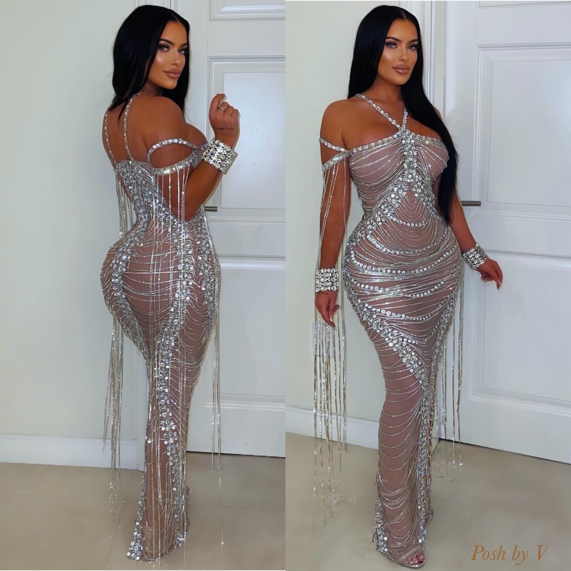 Olsene crystal chain gown (Nude/Silver)