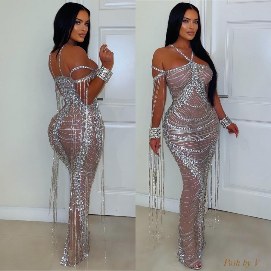 Olsene crystal chain gown (Nude/Silver)