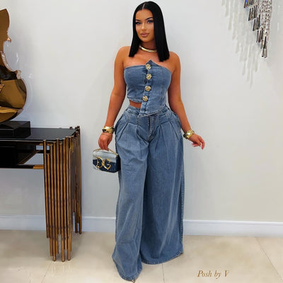 Zeffe denim pants set (Blue/gold)
