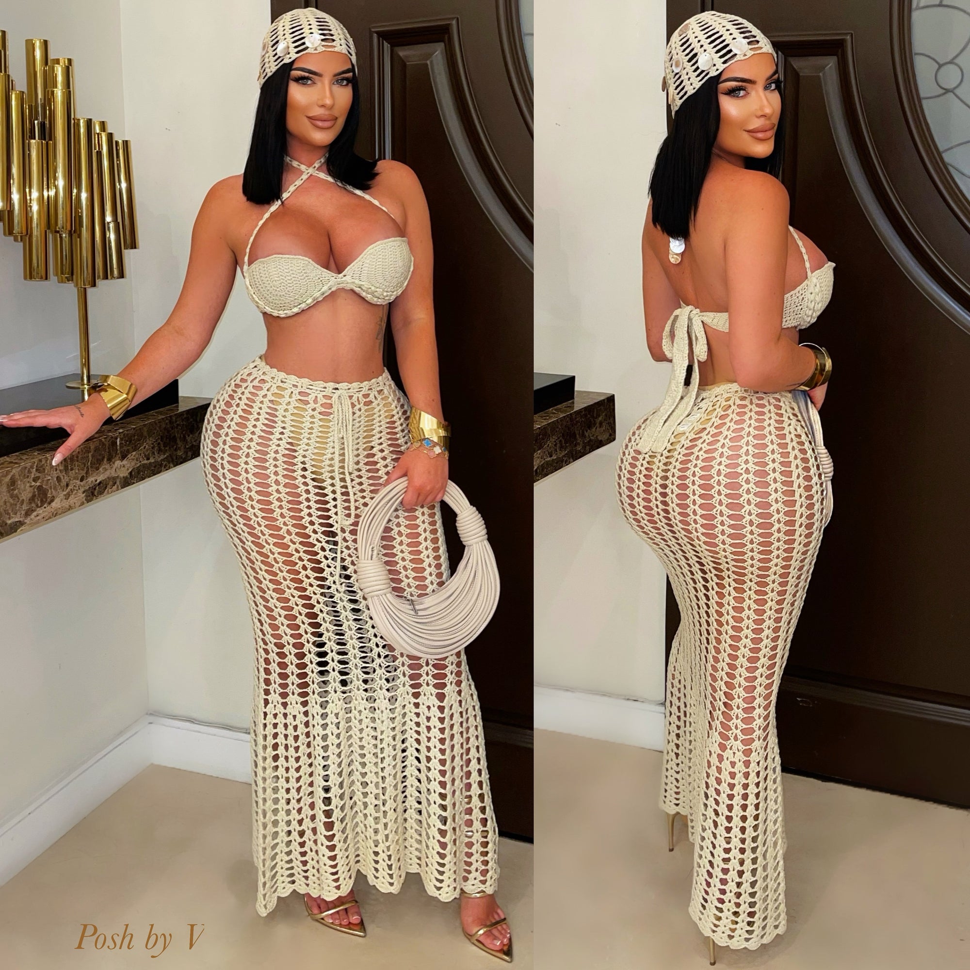 Nabia crochet skirt set w/cap (Beige)