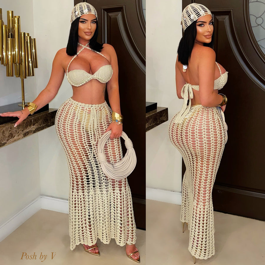 Nabia crochet skirt set w/cap (Beige)