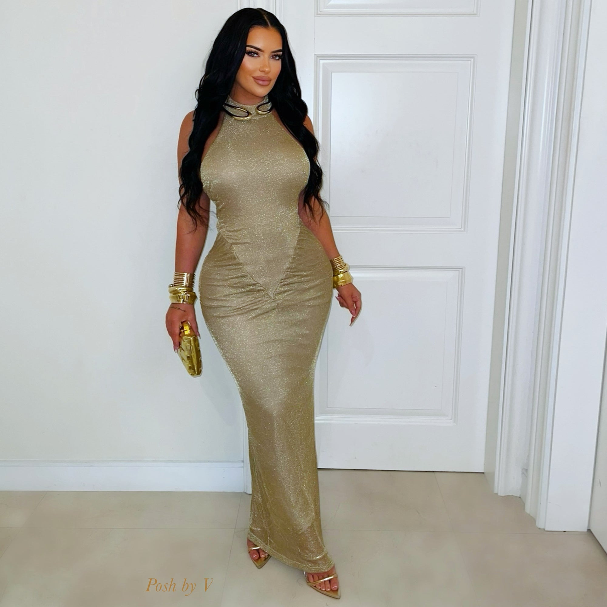 gold knitted maxi dress Sandrine Lurex Knit Maxi Dress / Gold | MESHKI